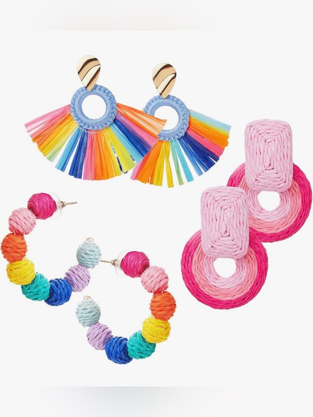 Colorful Rattan Statement Earrings. Set of 3